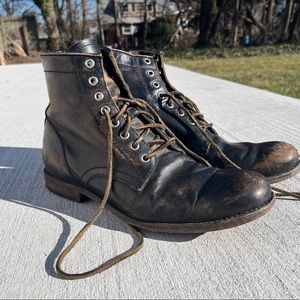 FRYE Tyler Lace-Up Leather Boots, Size 10 — Black “Distressed”